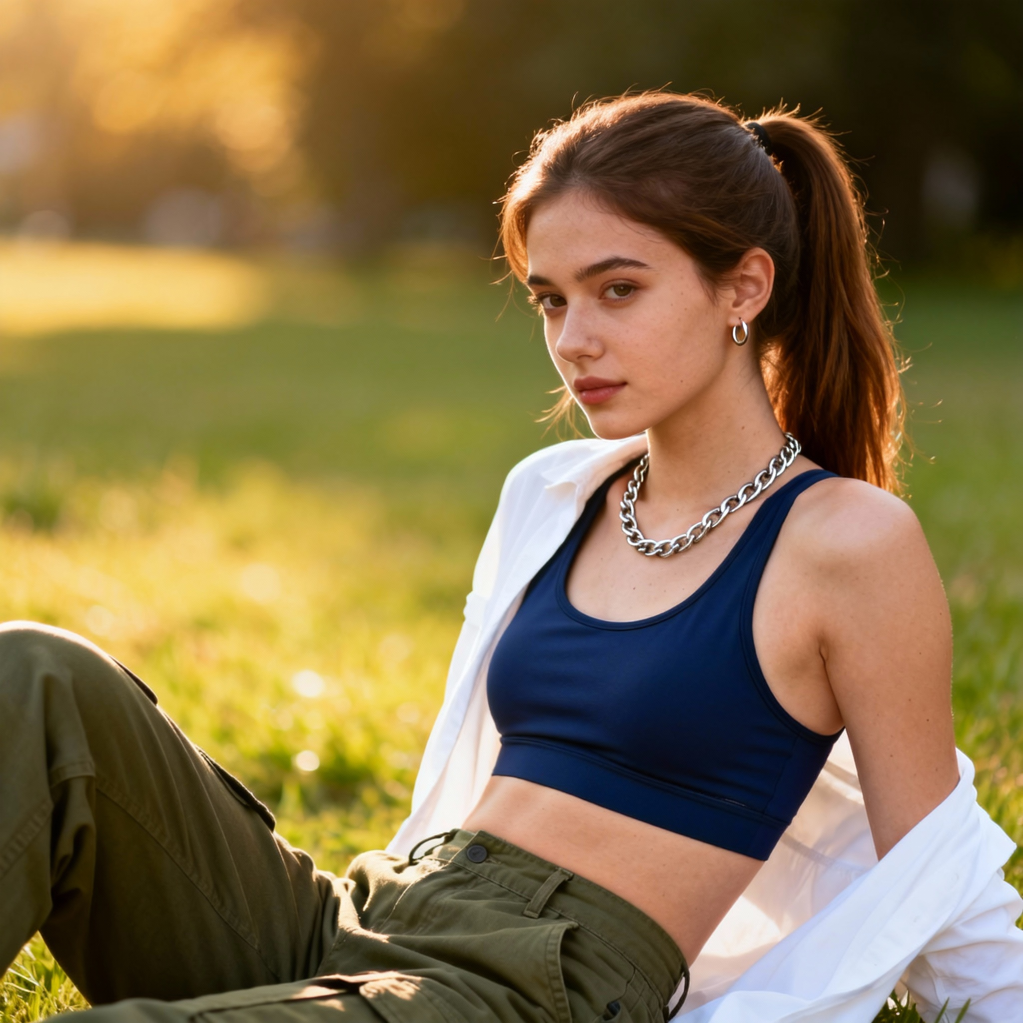 a young woman sitting outdoors...